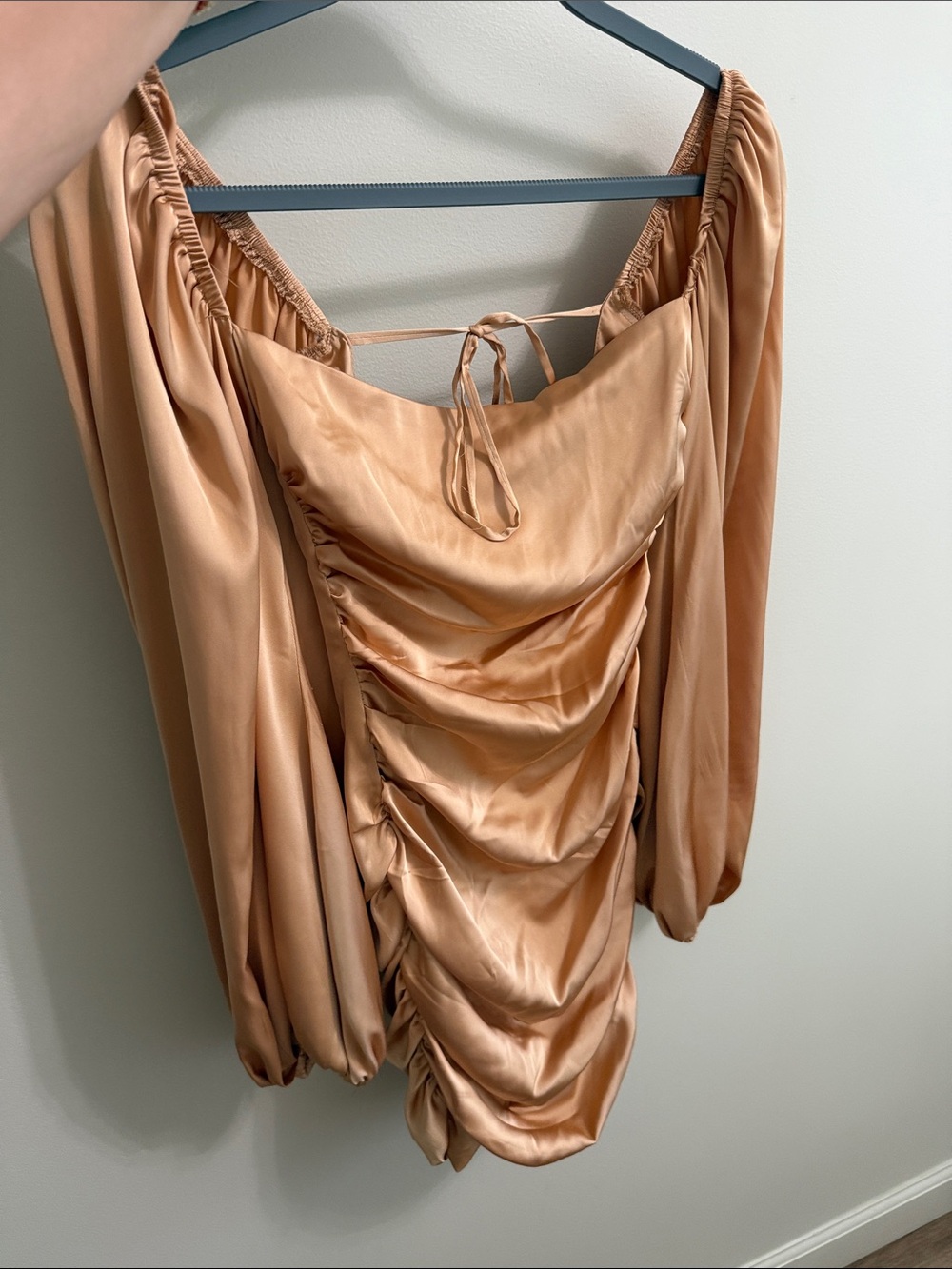 Oh Polly Satin Ruched Bardot Blouse in Champagne Beige